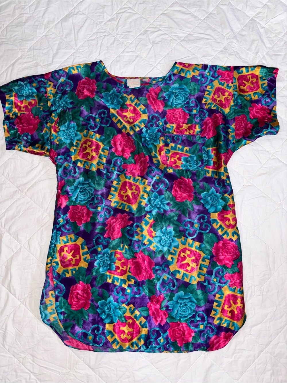 Vintage Adonna Multicolored Floral Tunic Sleep Shirt in Magenta, Teal & Purple